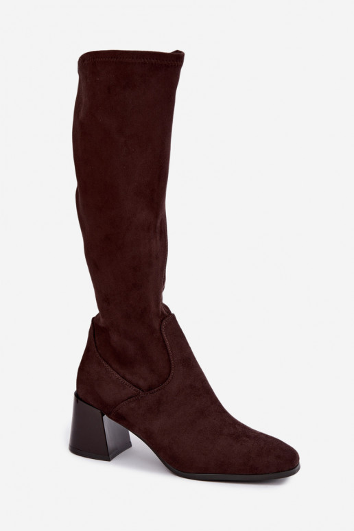 Botas longas femininas de camurça com saltos Vinceza 58697 chocolate