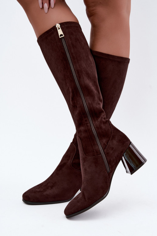 Botas longas femininas de camurça com saltos Vinceza 58697 chocolate