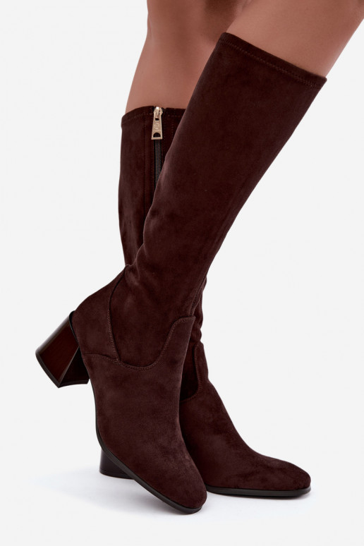 Botas longas femininas de camurça com saltos Vinceza 58697 chocolate
