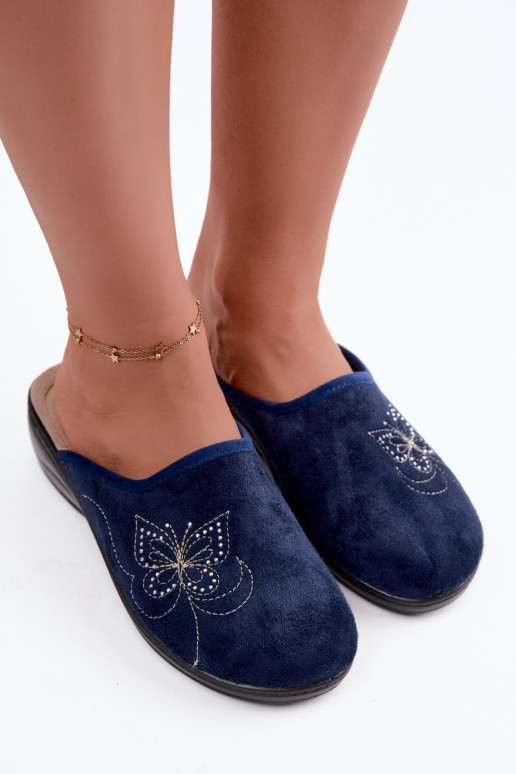 Chinelos femininos azul escuro com borboletas bordadas Inblu LY000119