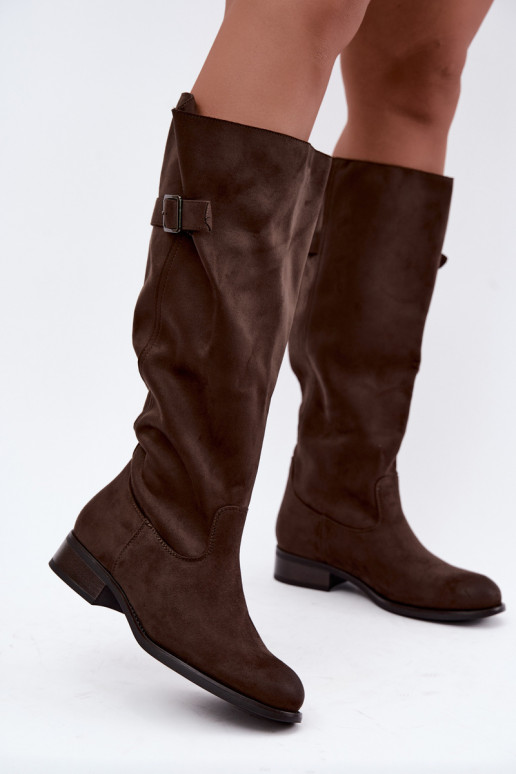 Botas femininas khaki acima do joelho com saltos largos e fivelas Farela