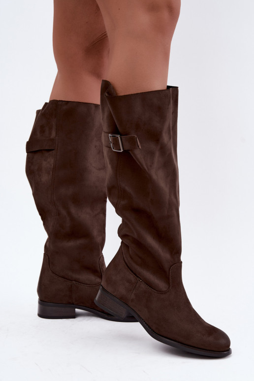 Botas femininas khaki acima do joelho com saltos largos e fivelas Farela