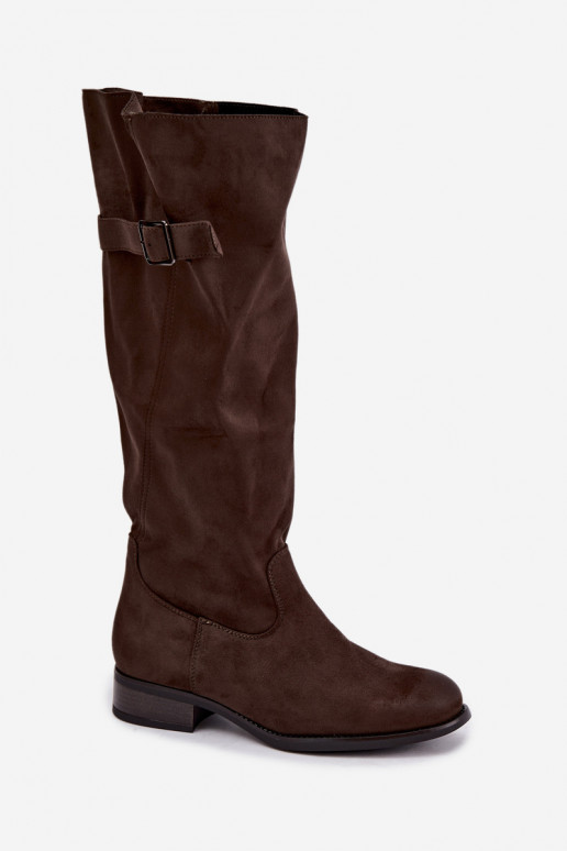Botas femininas khaki acima do joelho com saltos largos e fivelas Farela