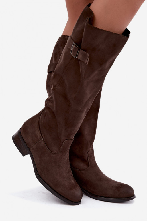 Botas femininas khaki acima do joelho com saltos largos e fivelas Farela