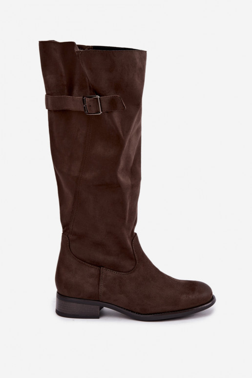 Botas femininas khaki acima do joelho com saltos largos e fivelas Farela