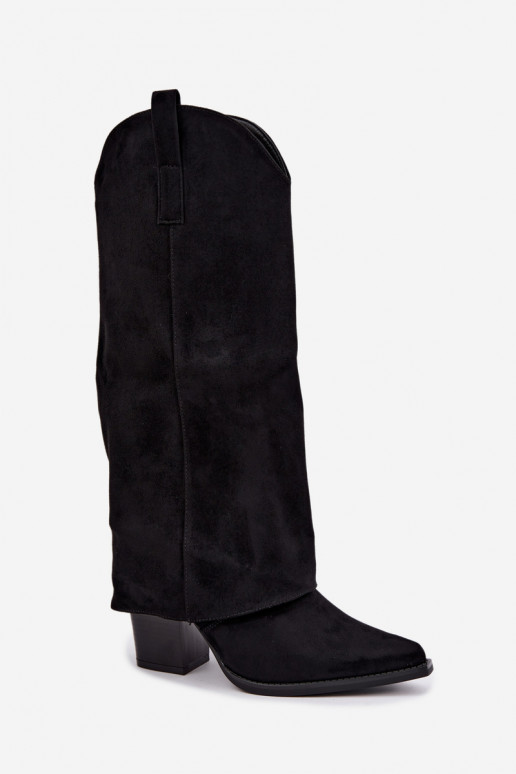 Botas de cano alto estilo cowboy com forro, saltos e gola costurada em preto Julena