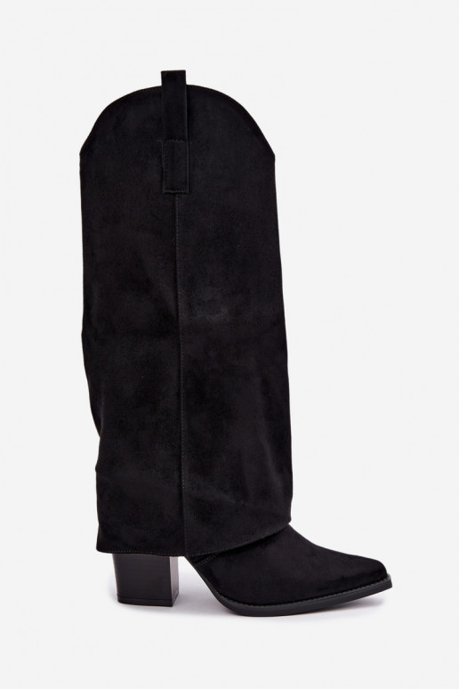 Botas de cano alto estilo cowboy com forro, saltos e gola costurada em preto Julena