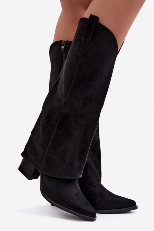 Botas de cano alto estilo cowboy com forro, saltos e gola costurada em preto Julena