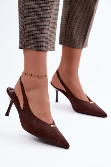Sapatos de calcanhar aberto com detalhes dourados e saltos finos em cor de chocolate Renisa 2