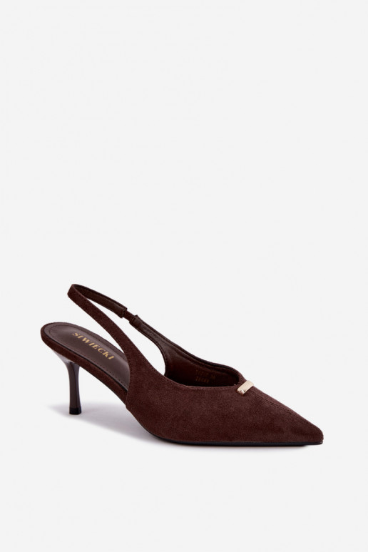 Sapatos de calcanhar aberto com detalhes dourados e saltos finos em cor de chocolate Renisa