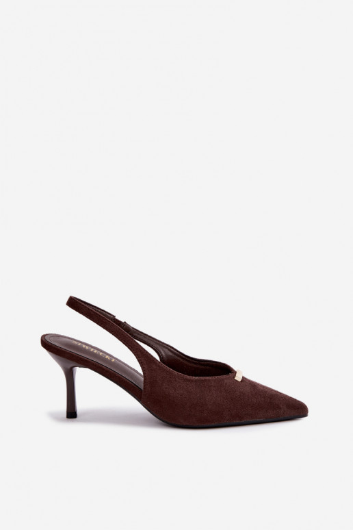 Sapatos de calcanhar aberto com detalhes dourados e saltos finos em cor de chocolate Renisa
