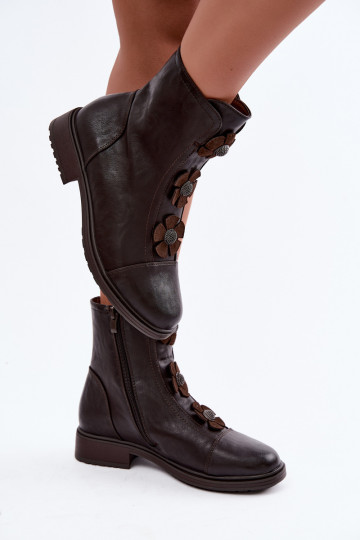 Botas femininas com salto largoDekoracyjnymi com motivos floraiskami aquecimento CzekoladoParae Pravienne Habilitadodela