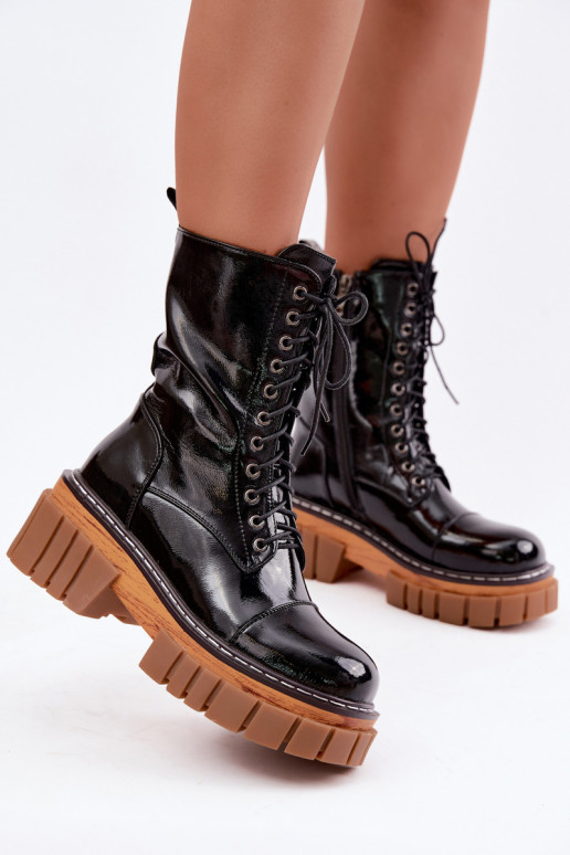 Botins de couro pretos aquecidos para trabalho com efeito laqueado Artiker 49C0344