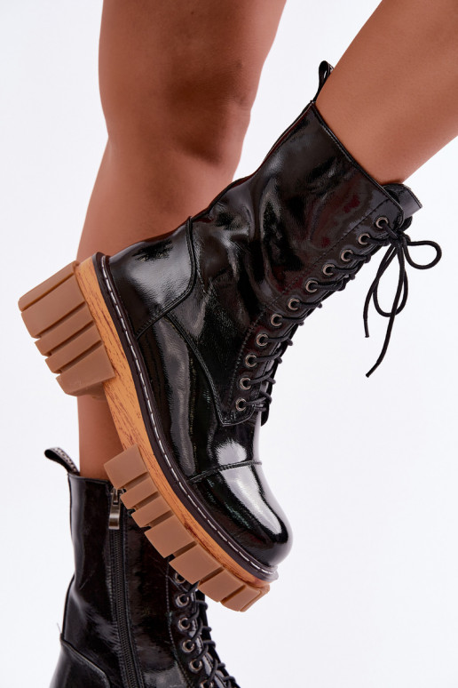 Botins de couro pretos aquecidos para trabalho com efeito laqueado Artiker 49C0344