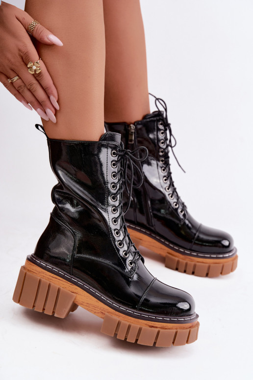 Botins de couro pretos aquecidos para trabalho com efeito laqueado Artiker 49C0344