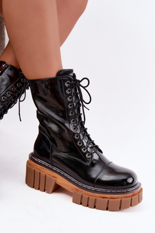 Botins de couro pretos aquecidos para trabalho com efeito laqueado Artiker 49C0344