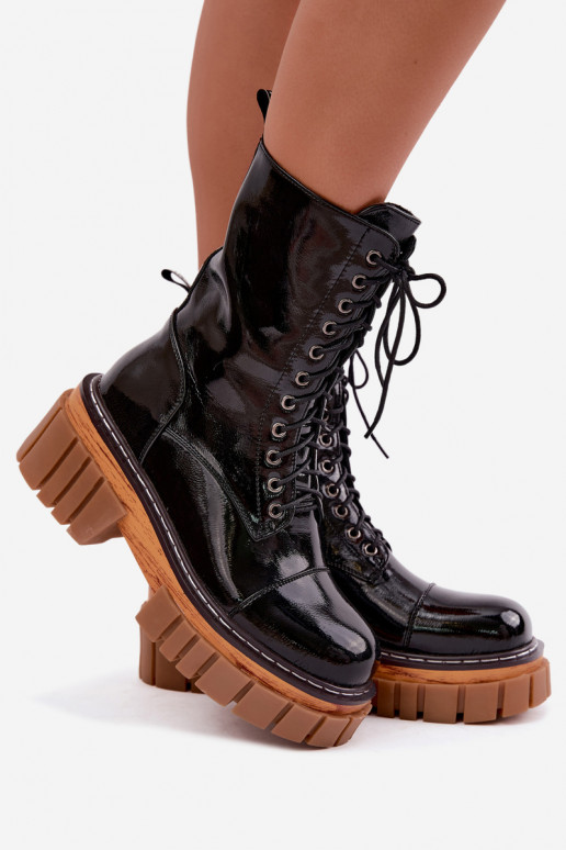 Botins de couro pretos aquecidos para trabalho com efeito laqueado Artiker 49C0344
