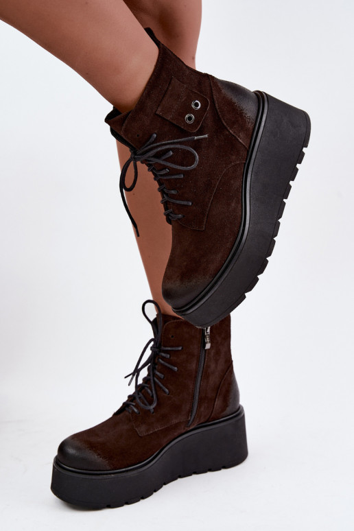 Zazoo 60499 de camurça Feminino Botas com uma plataforma I Koturnie aquecimento CzekoladoParae