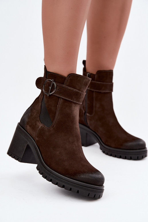 Pele Sapatos de camurça Feminino com salto aquecimento Zazoo 60601 CzekoladoParae