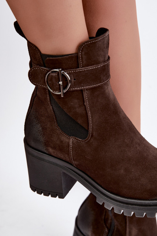 Pele Sapatos de camurça Feminino com salto aquecimento Zazoo 60601 CzekoladoParae
