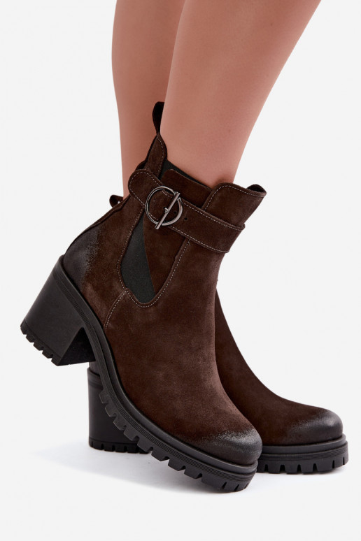 Pele Sapatos de camurça Feminino com salto aquecimento Zazoo 60601 CzekoladoParae