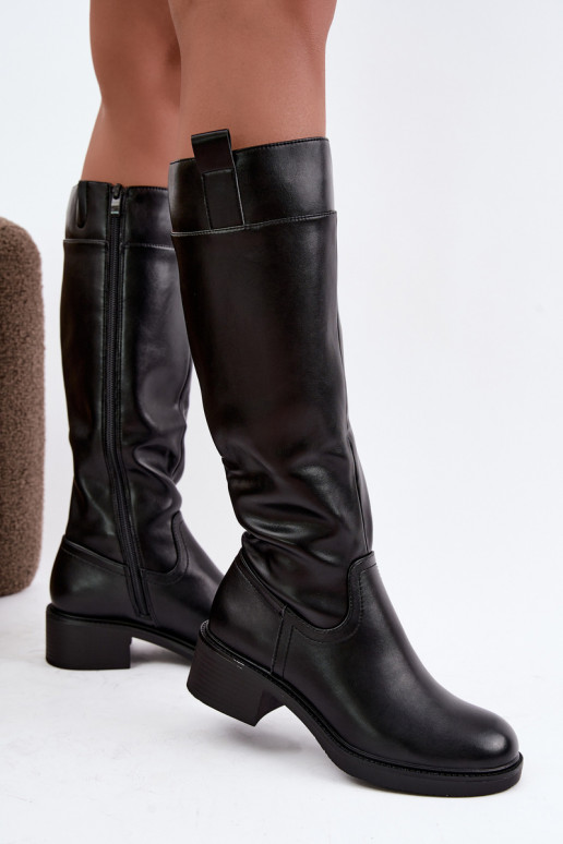 Botas longas de salto baixo Zazoo KZ-22 na cor preta