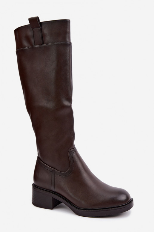Botas longas de salto baixo Zazoo KZ-22 na cor chocolate