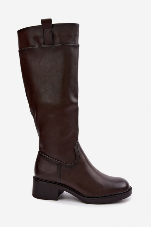 Botas longas de salto baixo Zazoo KZ-22 na cor chocolate