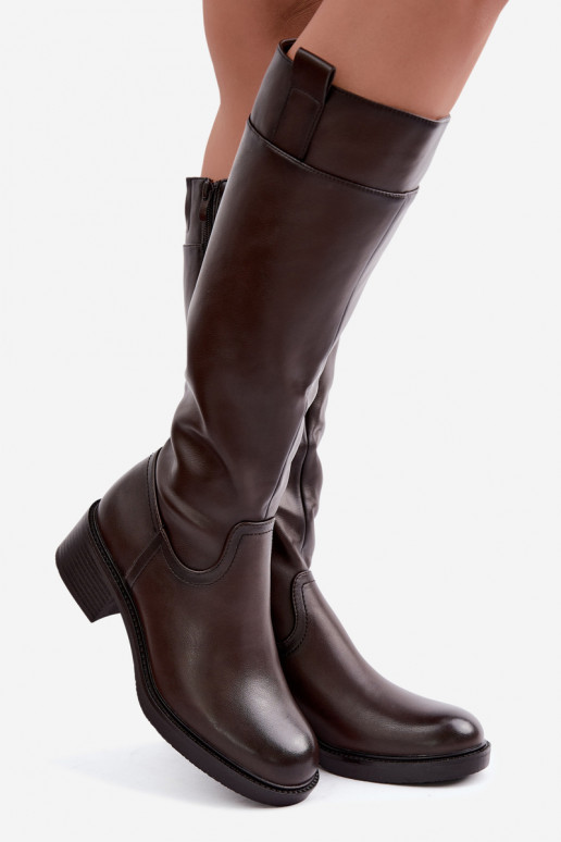 Botas longas de salto baixo Zazoo KZ-22 na cor chocolate