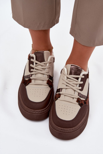 Ténis de plataforma femininos em cor castanho-bege com padrões de leopardo Big Star SS274356