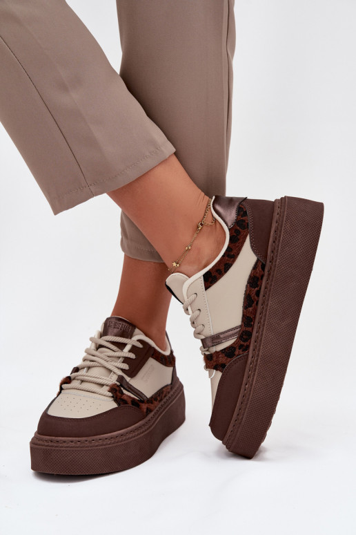 Ténis de plataforma femininos em cor castanho-bege com padrões de leopardo Big Star SS274356