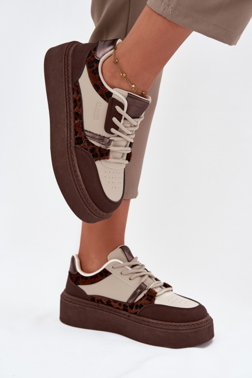 Ténis de plataforma femininos em cor castanho-bege com padrões de leopardo Big Star SS274356