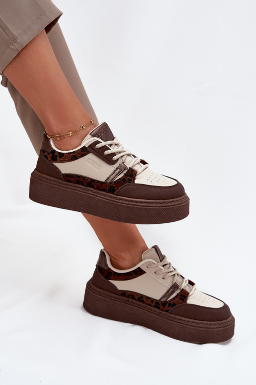Ténis de plataforma femininos em cor castanho-bege com padrões de leopardo Big Star SS274356