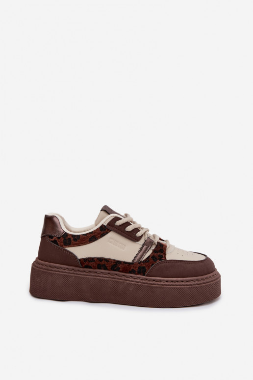 Ténis de plataforma femininos em cor castanho-bege com padrões de leopardo Big Star SS274356