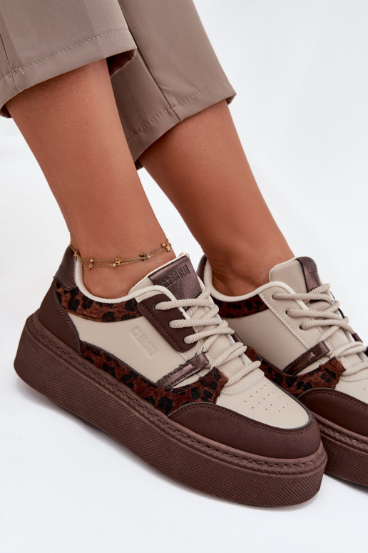 Ténis de plataforma femininos em cor castanho-bege com padrões de leopardo Big Star SS274356