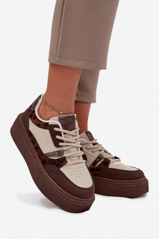 Ténis de plataforma femininos em cor castanho-bege com padrões de leopardo Big Star SS274356