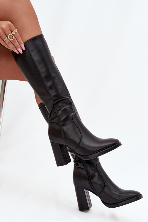 Botas femininas acima do joelho com saltos em couro sintético preto Lyvella