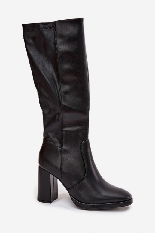 Botas femininas acima do joelho com saltos em couro sintético preto Lyvella
