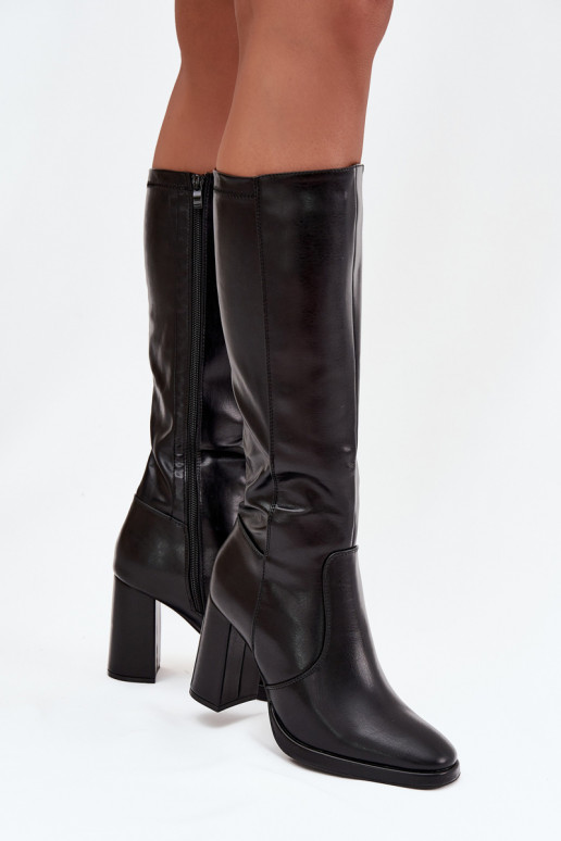 Botas femininas acima do joelho com saltos em couro sintético preto Lyvella