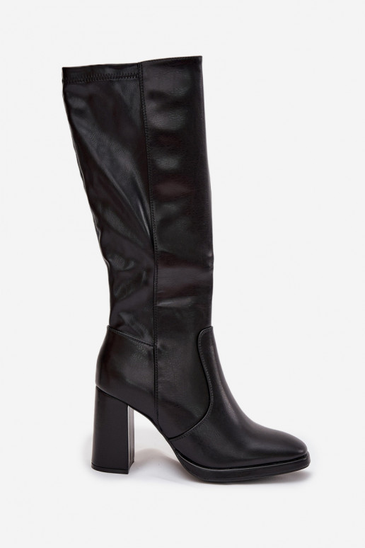 Botas femininas acima do joelho com saltos em couro sintético preto Lyvella