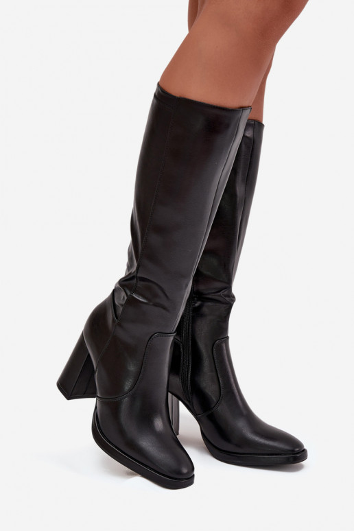 Botas femininas acima do joelho com saltos em couro sintético preto Lyvella