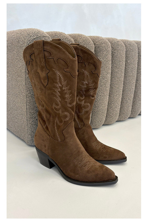 Botas altas de estilo cowboy com saltos em camurça sintética marrom Jarissa
