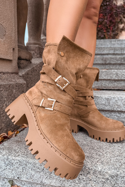 Botins femininos em caqui com saltos grossos, fivelas e tiras Nerelisa