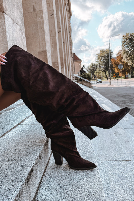 Botas femininas de chocolate até o joelho com saltos Anica