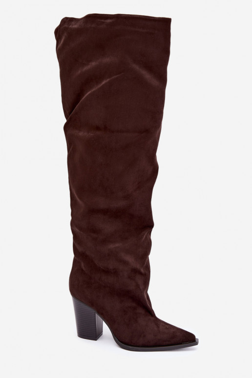 Botas femininas de chocolate até o joelho com saltos Anica