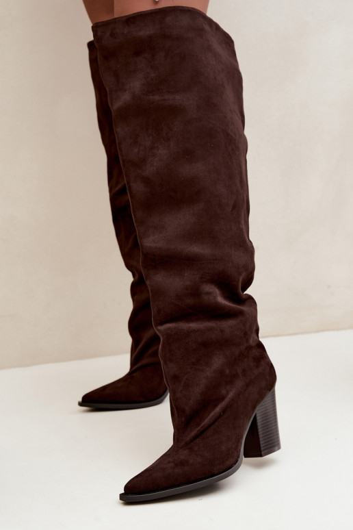 Botas femininas de chocolate até o joelho com saltos Anica