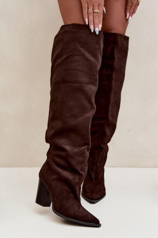 Botas femininas de chocolate até o joelho com saltos Anica