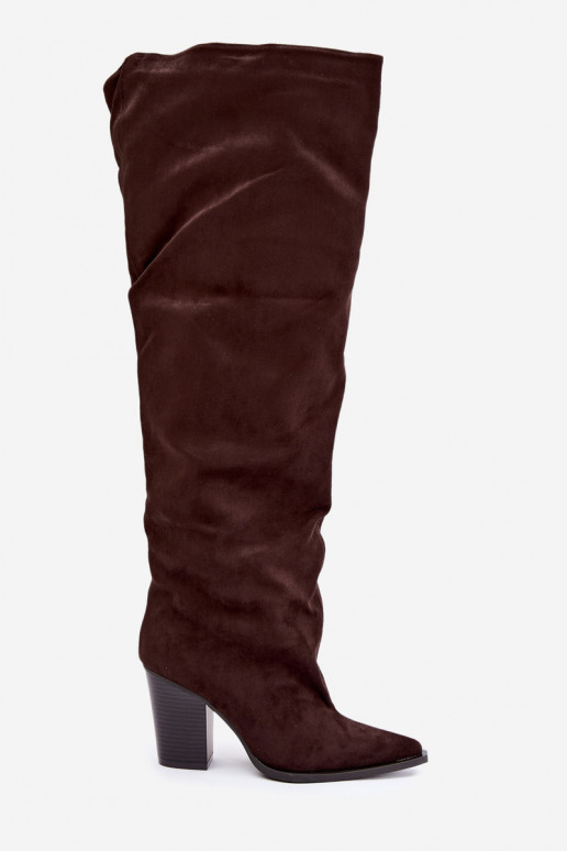 Botas femininas de chocolate até o joelho com saltos Anica