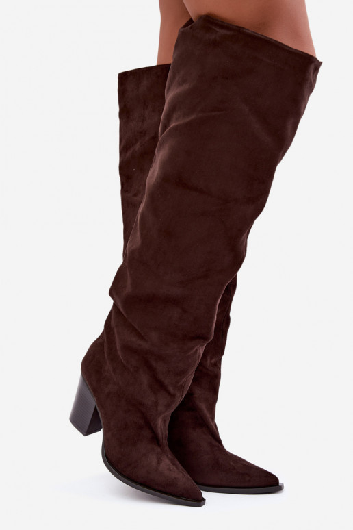 Botas femininas de chocolate até o joelho com saltos Anica