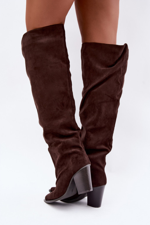 Botas femininas de chocolate até o joelho com saltos Anica